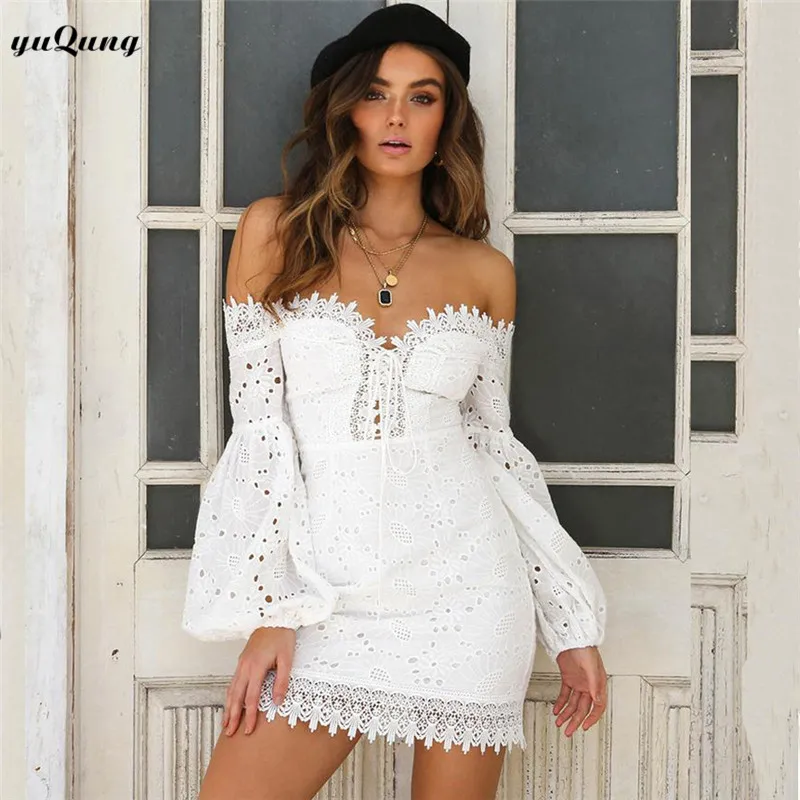 

women lantern sleeve mini dress lace up hollow out lace off shoulder short dress white Christmas slash neck dresses Streetwear