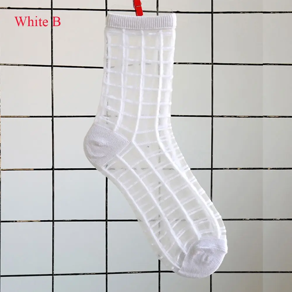 1 pair New Sheer Mesh Glass Silk Socks Ultrathin Transparent Stretch Elasticity Lace Net Yarn Thin Summer Socks For Women - Color: white B