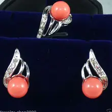 Редкий прекрасный очаровательный посеребренный розовый Коралловая Серьга набор колец оптом, покрытые золотом ювелирные изделия серебряный крючок