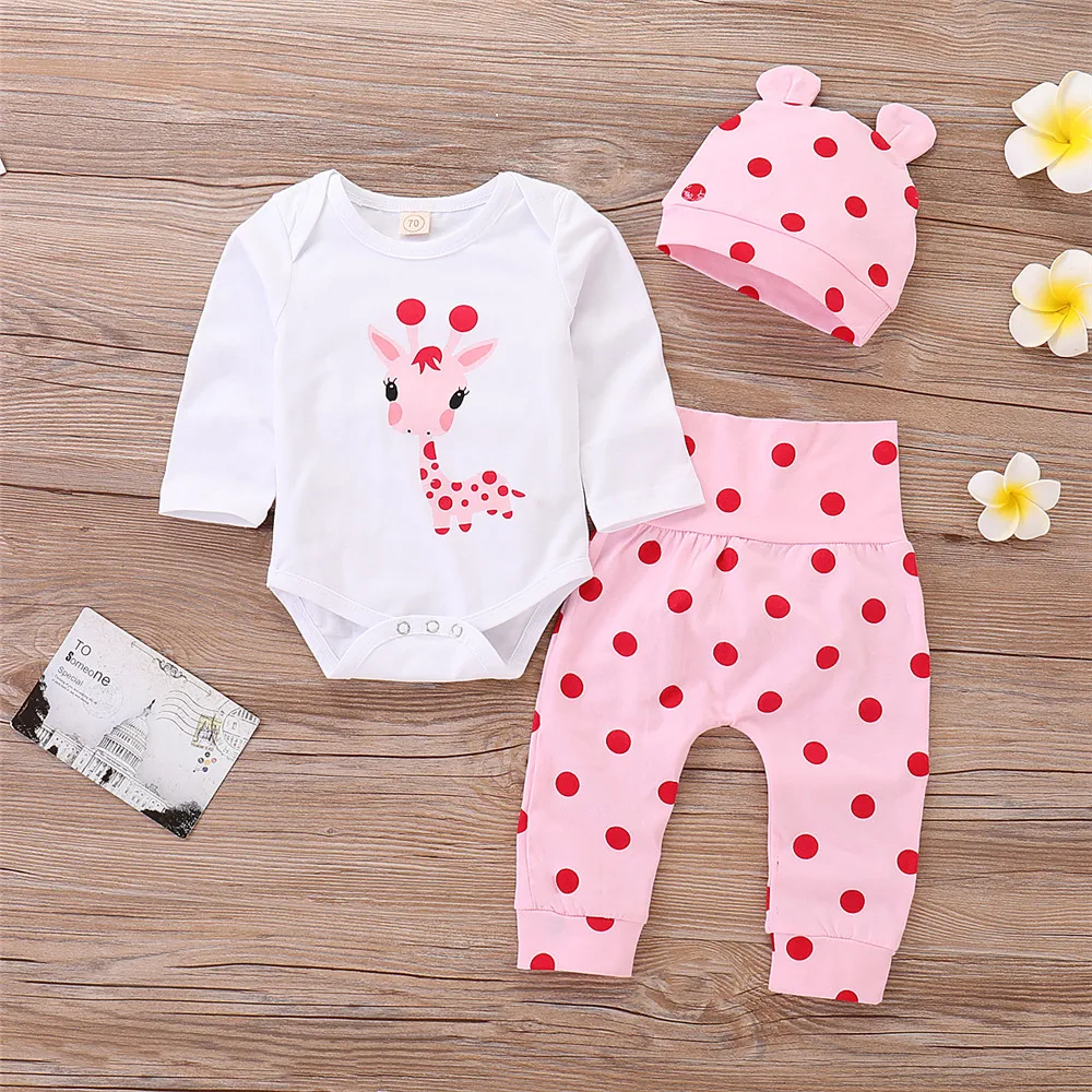

3pcs Cute Infant Sets Cotton Baby Outfits Warm Longsleeve Romper Pants Hats Sika Deer Cartoon Printed Newborn Autumn Winte 2018