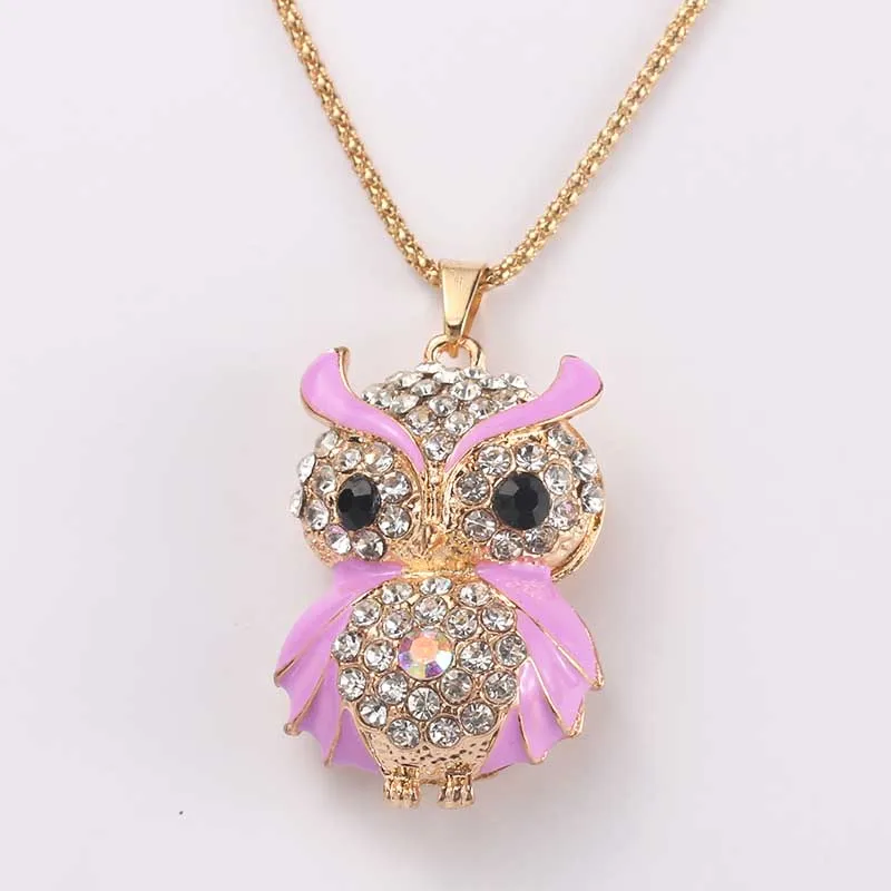 Pink Owl Necklace Crystal Rhinestone 