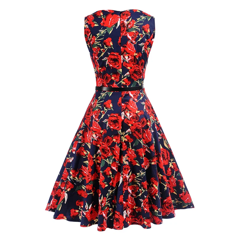 Kostlish Floral Print Summer Dress Women Sleeveless 50s Tunic Vintage Dress With Belt 2017 Elegant Swing Party Dresses Sundress (13)