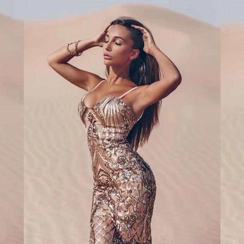 

2018 Elegant Women Sleeveless Sequin Dress Mesh Sexy Spaghetti Strap Summer Geometric Summer New Mid-Calf Evening Vestidos Festa