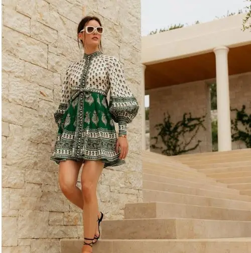 

AMARI EMERALD BUTTONED DRESS Green Paisley summer autumn dress 2019 new fashion runway women dress chic boho dress