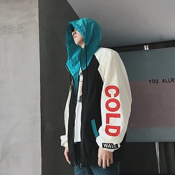 

Patchwork Loose Hooded Jacket Men Waterproof Streetwear Hip Hop Overcoat Chaqueta Hombre Ropa Korean Mens Clothing 2019 50nx26