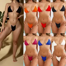 Женский сексуальный комплект бикини, Одноцветный купальник, купальник с прозрачными ремешками, пляжный купальник бралет, купальный костюм, Одноцветный купальник