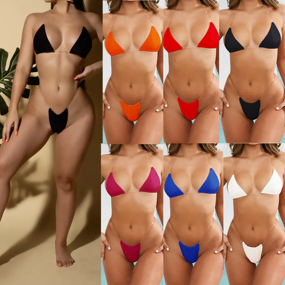 2019 conjunto de Bikini Sexy para mujer, traje de baño de Color sólido, traje de baño con tiras transparentes, traje de baño sólido