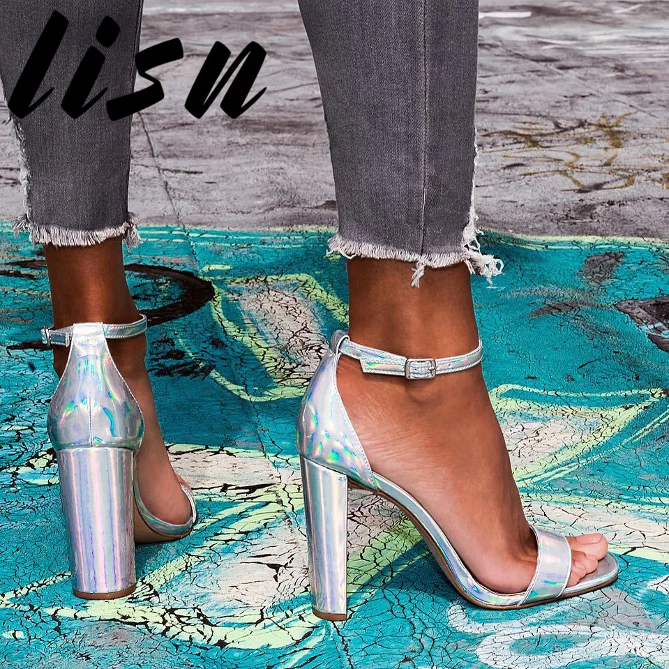

LISN New Silver Open Toe Buckle Strap Sandals Chunky Heel Summer HIgh Heel Sandals Shoes Women