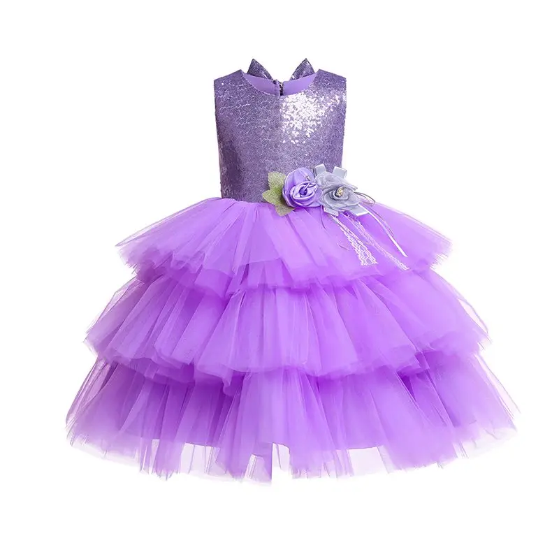 

VOGUEON Girls Summer Floral Dress Sleeveless Sequined Layered Dancing Dress Children Elegnent Backless Princess Tutu Party Gown