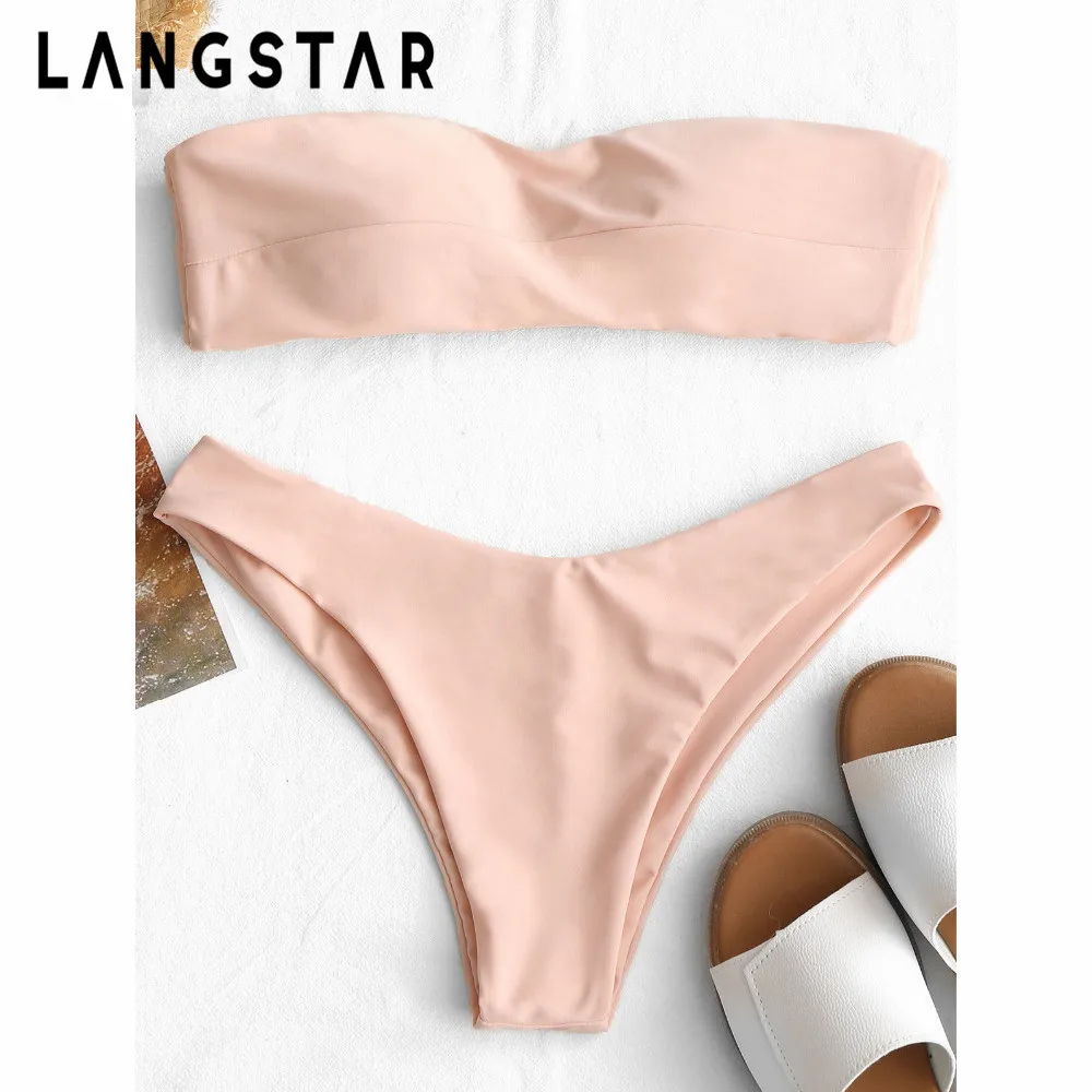 

LANGSTAR 2019 New Women Swimsuit Bandeau Thong Bikini Set Swimwear Women Low Waist Solid Tube Strapless Padded Brazilian Biquni