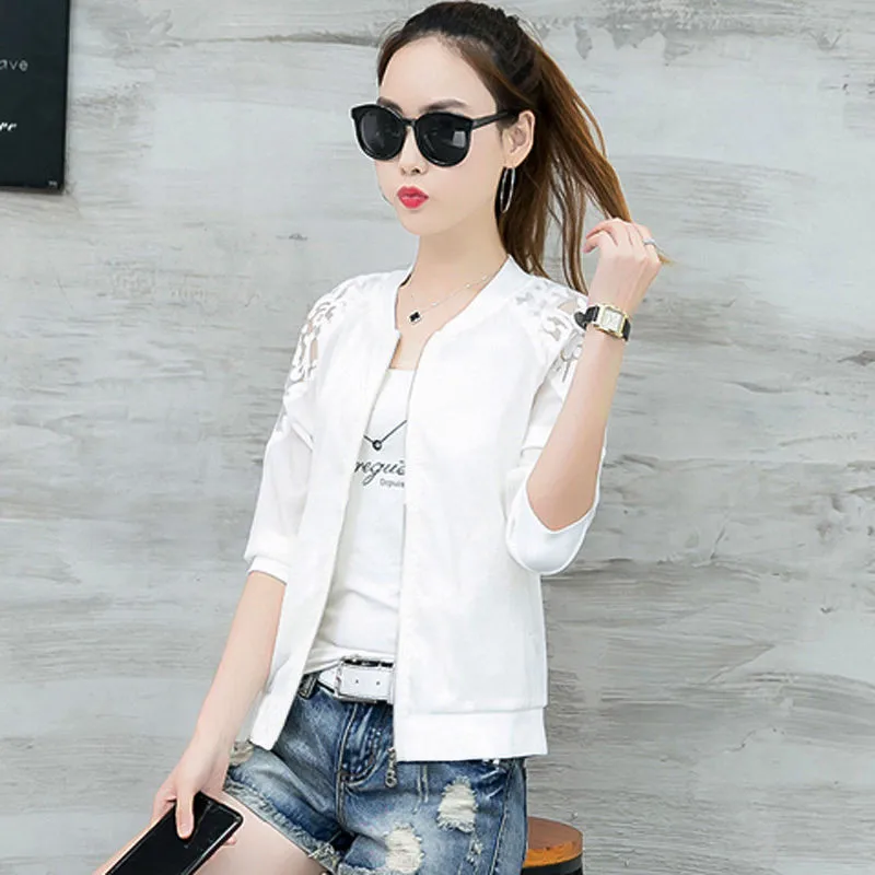incredible  New Women Basis Embroidered Short Jacket Summer Net zipper Casual Long Sleeved Thin Coats Ladies Vi