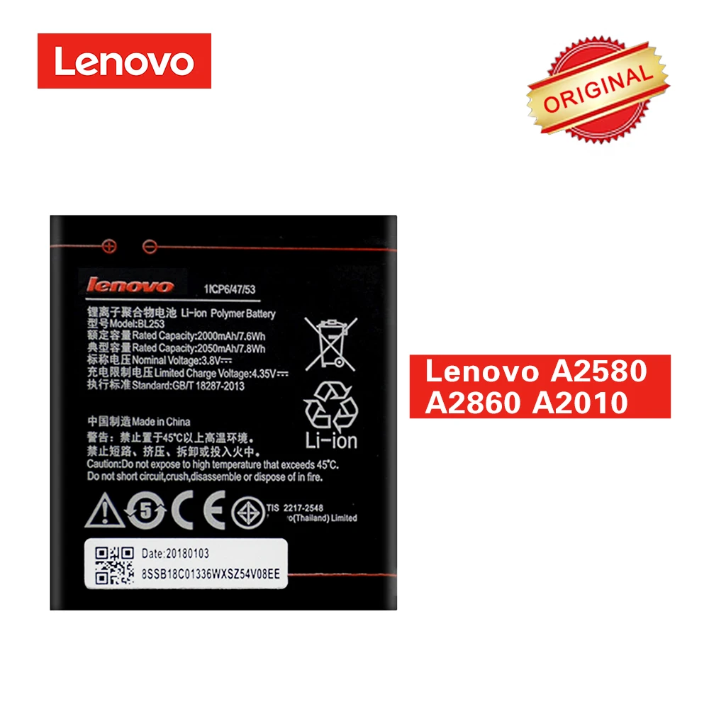a2860 Lenovo original bl-253 li-Polymer acu batería F a2580 a2010-2000mah