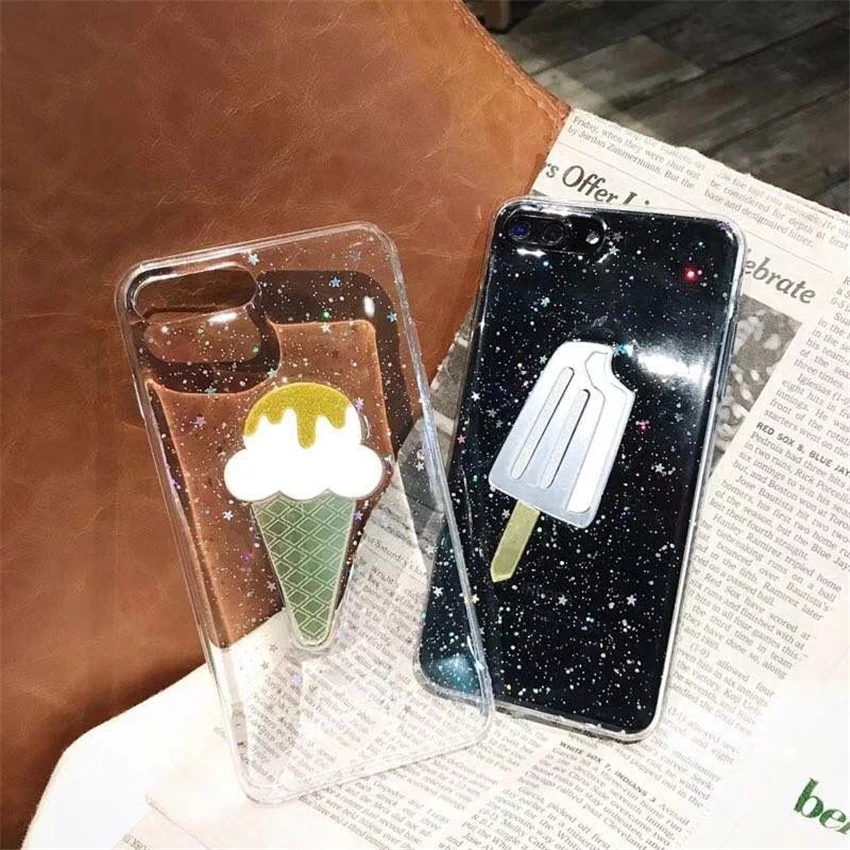 Luxury Glitter Ice Cream Phone Cases For iPhone 6 6S Plus Transparent Soft TPU Back Cover 7 8 X Coque Funda |