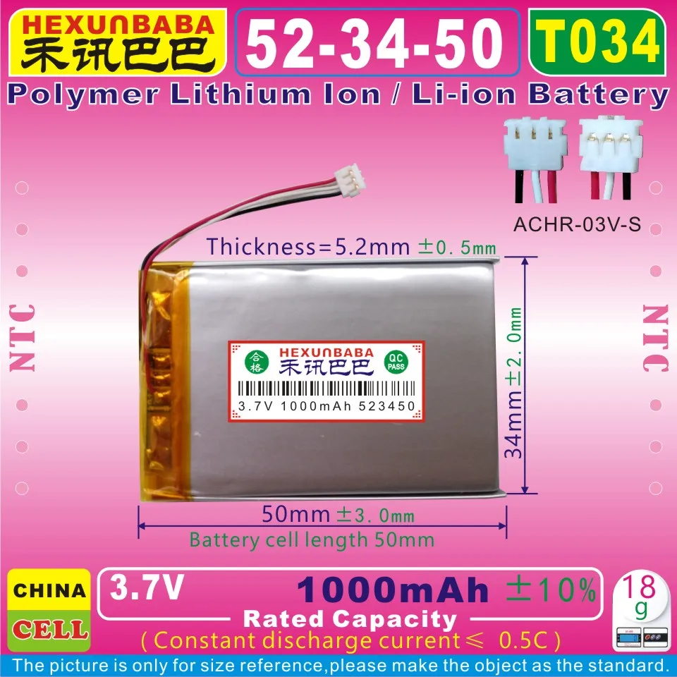 [T034] 3,7 V 1000mAh [523450] ACHR-03-S, NTC, полимерный литий-ионный аккумулятор для KE37BE49D0DX3 gps, Garmin Edge 800, borda 810; CS-GME800SL