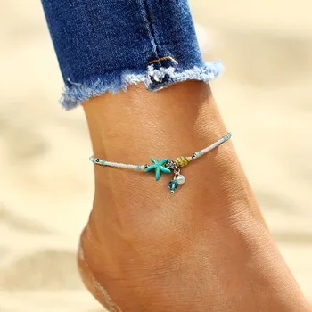 

ZORCVENS Bohemian Simulated Pearl Starfish Ankle Bracelet Charms Conch Loose Halhal Barefoot Foot Chain For Women Beach Jewelry