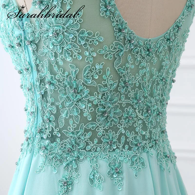Mint Evening Dresses Long hot Sheer Jewel Neck Lace Applique Beaded Robe De Soiree Real Photo Backless Prom Party Gown LX329