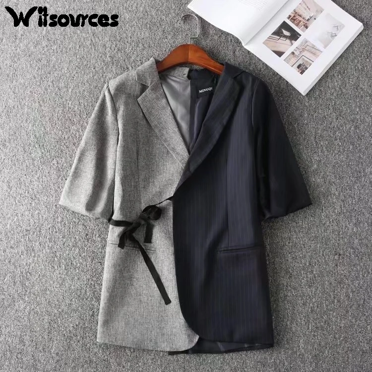 

Witsources 2 Color Patchwork Casual Blazer Women 2017 New Asymmetrical Middle Sleeve Long Blazers SC2361