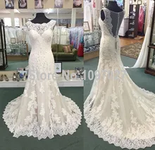2016 New Real Photos Wedding Dresses Sweep Train Ivory Lace Appliqued Vestido De Novia Sirena Sheer Back Wedding Gowns AS91