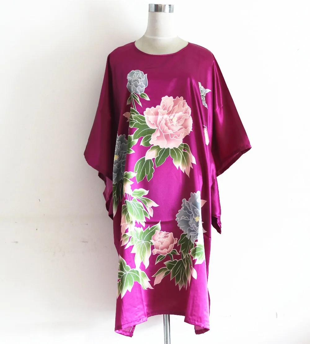 Женское фиолетовое шелковое кимоно из искусственного шелка, стильный халат с цветами, банное платье, китайское винтажное домашнее платье, пижама, ночная рубашка размера плюс 6XL