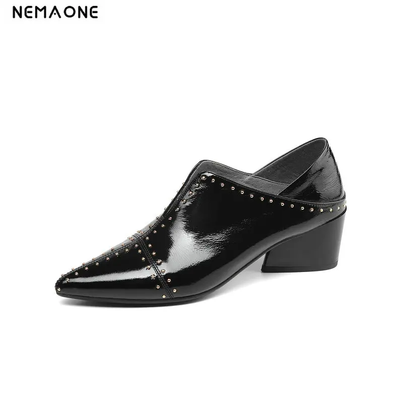 

NEMAONE Women Cow Leather Shoes Genuine Leather Shoes Woman Black rivet Low Heels Pointed Toe Womens Shoes