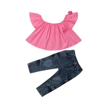 Casual Toddler Kid Girl Short Sleeve Tops Off Shoulder 3D Floral Blouse Hole Denim Long Pants Outfits Clothes Set 2019 2019 off shoulder scallop trim denim blouse