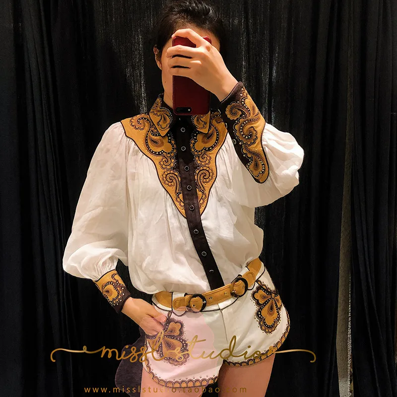 Designer Summer Runway Vacation Two-Pieces Sets Women Long Sleeve Cotton Vintage Printed Top (2)