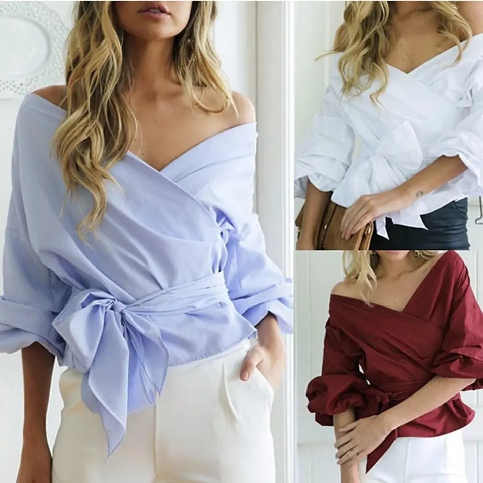 Pinky Is Black Ruched sleeve wrap white blouse shirt Women casual blouse off shoulder Plaid shirt top V neck female blusas bow 3