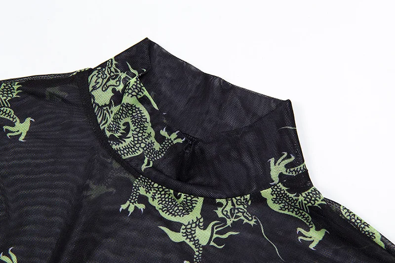 Shstyle сетчатые прозрачные черные сексуальные облегающие боди для женщин с принтом дракона, с имитацией шеи, с длинным рукавом, крутые уличные Вечерние боди