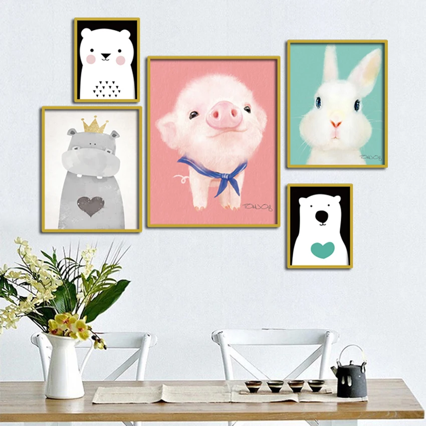 

Canvas Art Animal Posters and Prints Abstract Painting Nordic Style Pig Bear Wall Pictures for Living Room Modern Home Decor