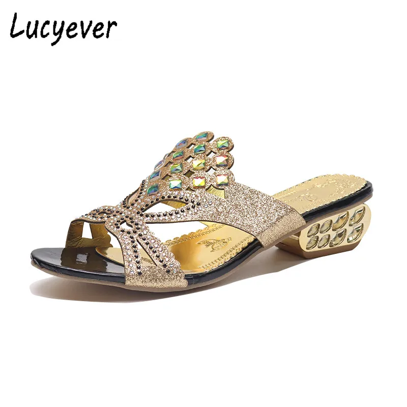 preço Lucyever Mulheres Verão Dedo Aberto Grossas Sandálias de Salto de Moda Que Bling Strass Aleta Praia Chinelos Antiderrapante Desliza Sapatos Mulher do Lado de Fora