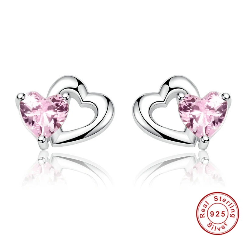 925 пробы серебряные серьги с двумя сердечками, s925 сердце в розовый CZ сердце серьги гвоздики для женщин Brincos хорошее ювелирное изделие