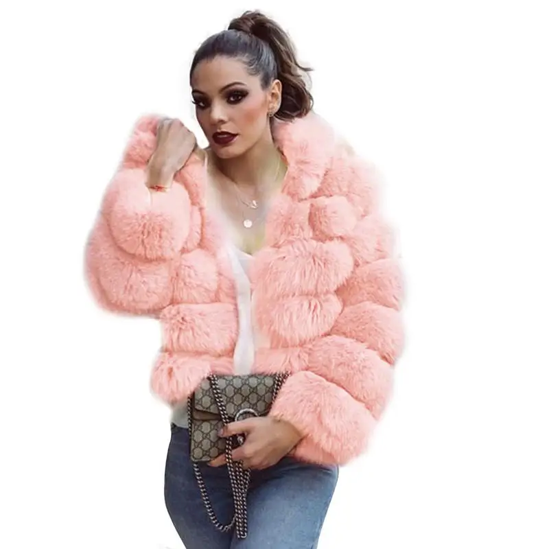 Goedkoop Mode S 3XL Winter Luxe Faux Vos Bontjas Slanke Roze Paars Faux Fur Jas Vrouwen Nep Bont Jassen Met Hoed manteau fourrure