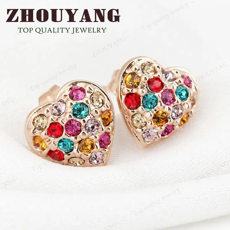 ZHOUYANG Top Quality Multicolour Heart Rose Gold Color Stud Earrings Genuine Austrian Crystal Wholesale ZYE012