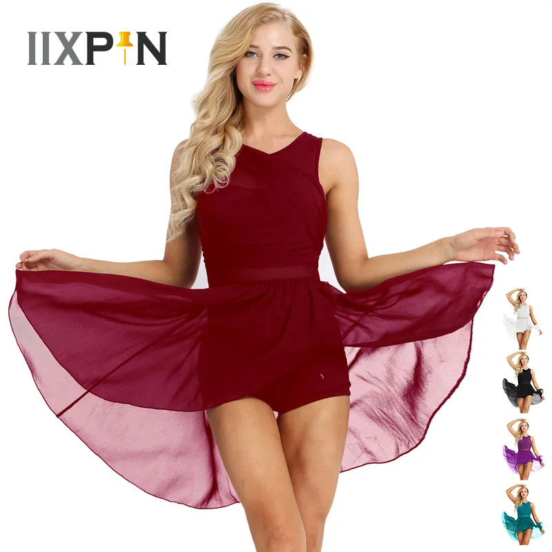 

IIXPIN Women ballet dress ballerina dance Sleeveless Cut Out Asymmetric Chiffon Stretchy Ballet Dance Gymnastics Leotard Dress