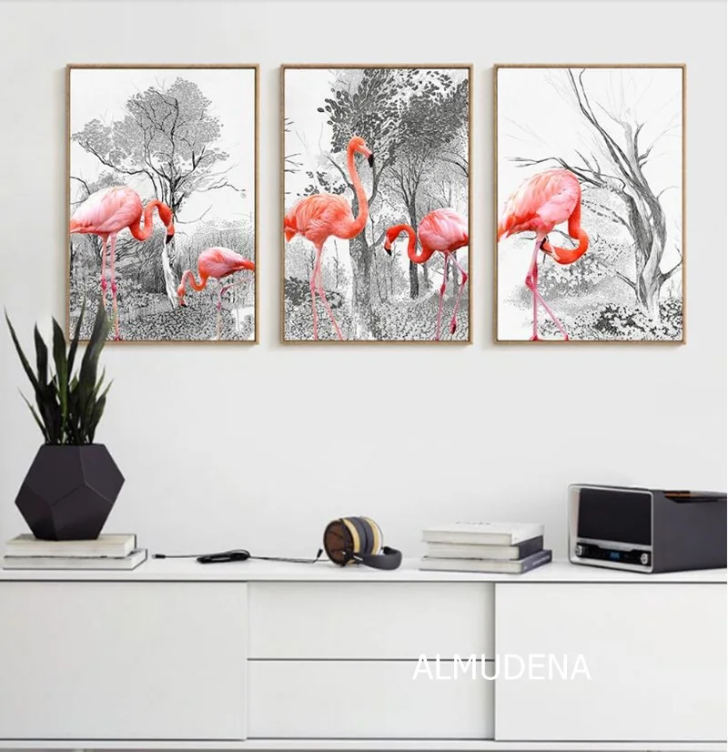 

Nordic Poster Minimalist Black and White Forest Flamingo Combination Decoration Canvas Painting Living Room Art Wall Pictures