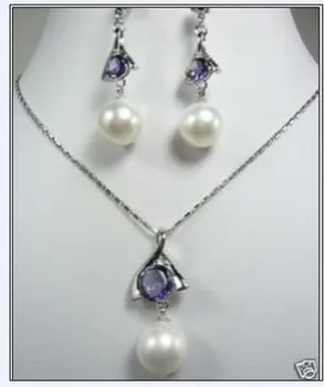 

charmming women's jewelry big round Beautiful white shell pearl purple crystal set pendant necklace