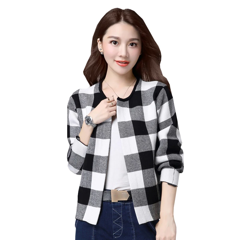 2017-New-Spring-And-Autumn-Women-Sweater-Leisure-Slim-Plaid-Short-Sweater-Round-neck-Knitted-Cardigan