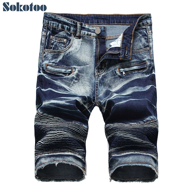 Men's Slim Straight Biker Shorts For Motorcycle Tie And Dyed Pleated