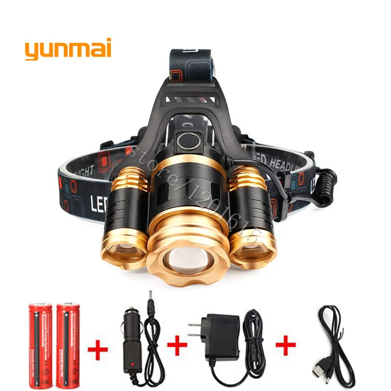 Головной Светодиодный фонарь XML T6 + 2R5 8000 лм зум USB 4 режима 2 аккумулятора 18650
