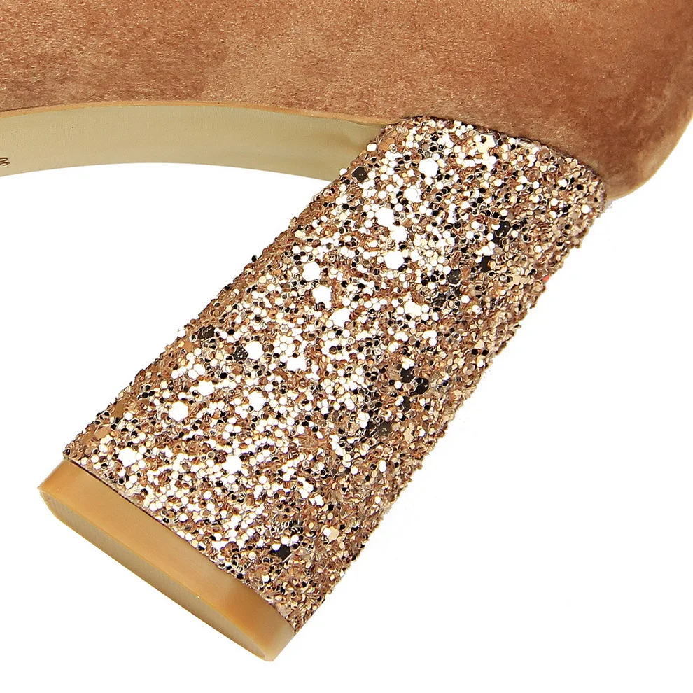 2019 Female 8cm High Glitter Heels Block Pumps Ladies Sexy Chunky Tacones Heels Woman Scarpin Elegant Party Wedding Yellow Shoes