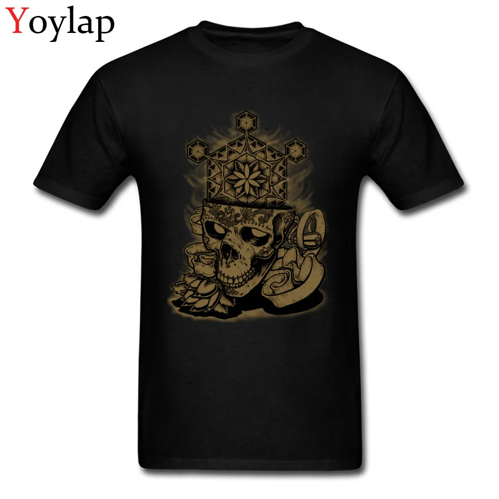 Round Neck All Cotton T Shirts for Men Family Summer Fall Tops Tees Short Sleeve Brand Flower of Life Skull Golden Printing Tee Shirt black