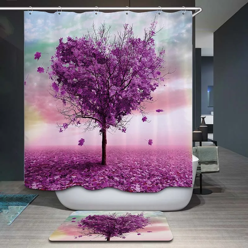 DecorUhome полиэфирная водостойкая фиолетовая занавеска для душа с изображением сердца и дерева, занавеска для ванной комнаты, 12 крючков, Декор, Mildewproof, занавеска для ванной