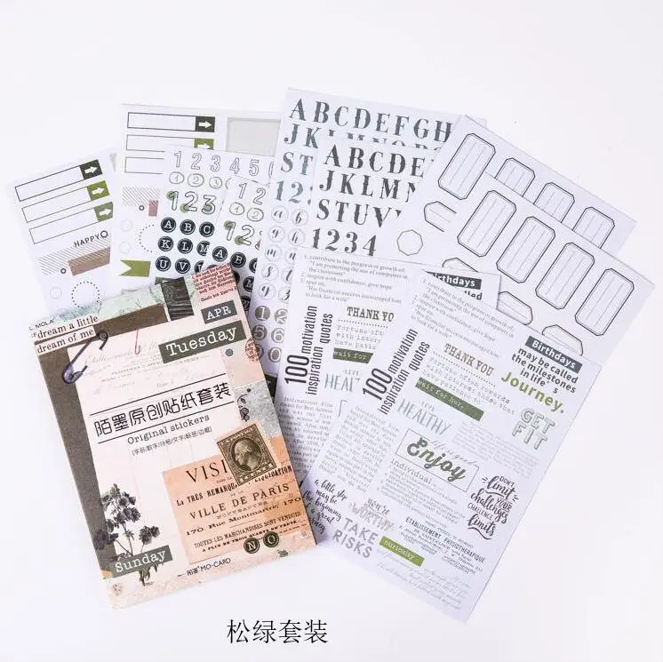 

10pcs Retro Green Series Vintage Monthly Calendar Number Alphabet Week Plan Date Decorative Sticker DIY Scrapbooking Diary album
