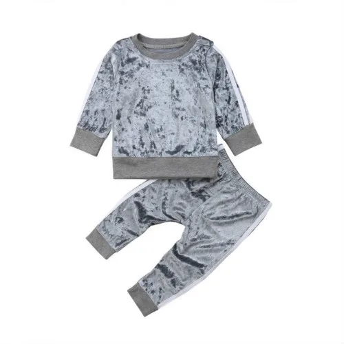 Бархатная одежда из 2 предметов для маленьких девочек, пуловер с длинными рукавами, топы, длинные штаны, весенне-осенний комплект одежды - Цвет: Серый