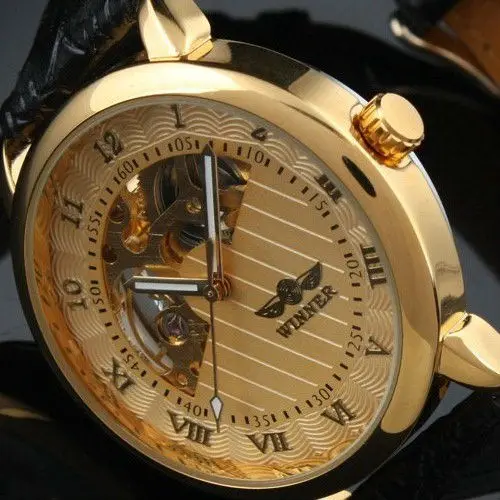 

2019 WINNER famous popular hot mechanical brand for men man fashion casual classic skeleton watches gold dial leather band
