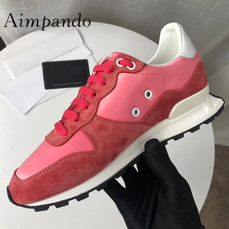 

2019 Pink Real Leathe Sneakers Woman Round Toe Patchwork Lace up Non-slip Flat Platform Shoes Princess Casual Shoes