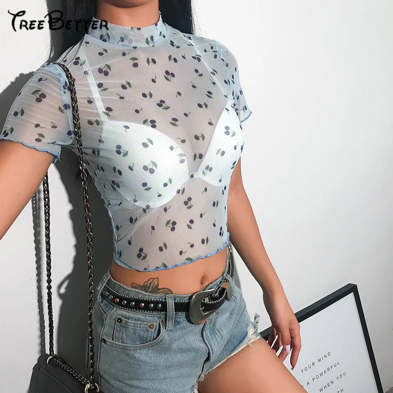 

Cherry Printed Hollow T-shirt Perspective Spring 2019 Casual Cute Mesh Tshirt Woman Pink Short Sleeve Crop Top T Shirt Harajuku