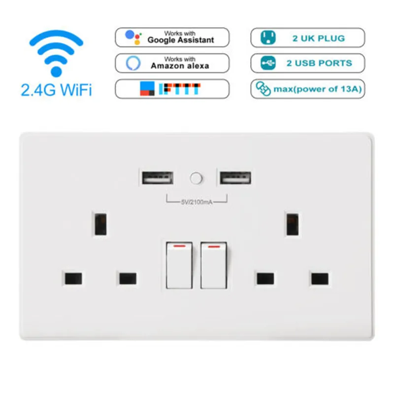 

TOP-MAX UK Plug Smart Wi-Fi Switch Wall Socket Dual USB Outlet 90V-250V Max Load 13A Automation Power Switch App Remote Control