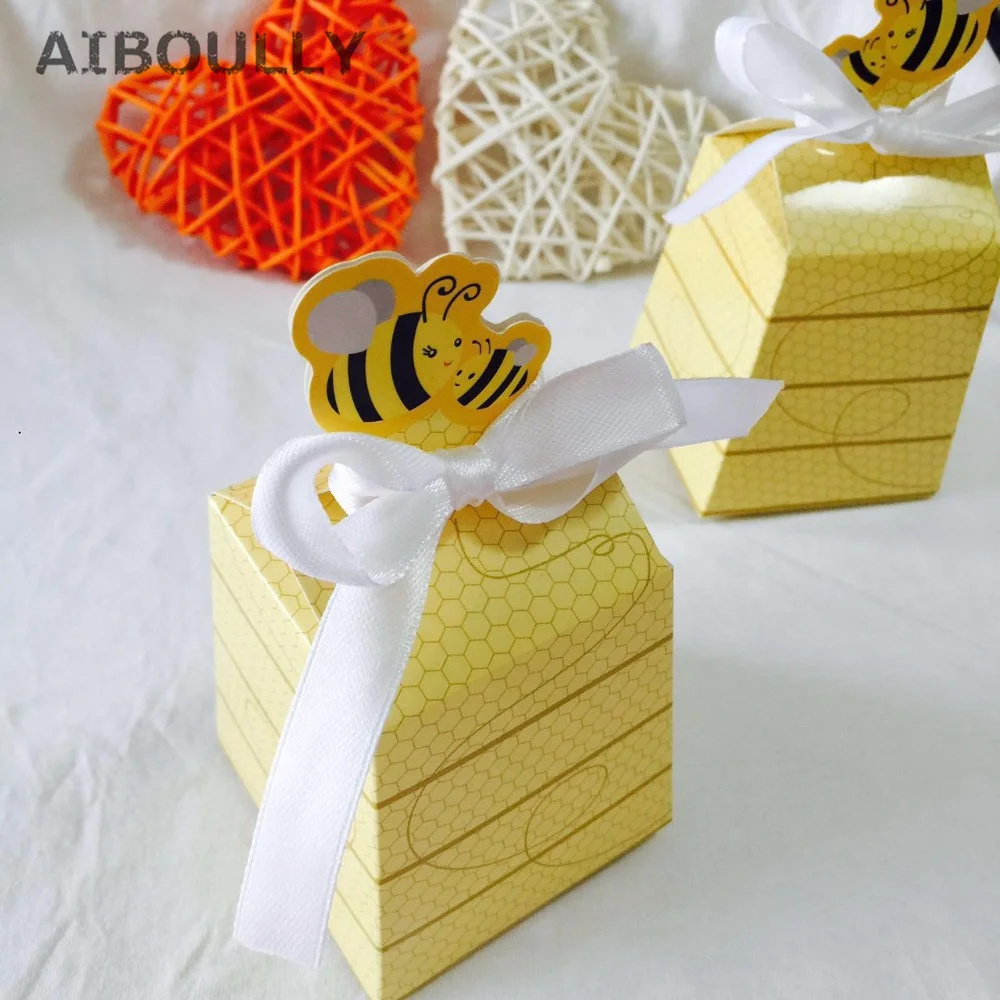 

50pcs/lot Yellow Bee honey Favors Candy Boxes Gift Box with White Ribbons for Baby Shower/Birthday Favors and Gifts Kids Party