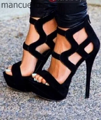

Glamorous Women Black Open Toe Dress Sandals Suede Concise Cutout Stiletto Heels Fashionable Back Zipper Platform Sandals